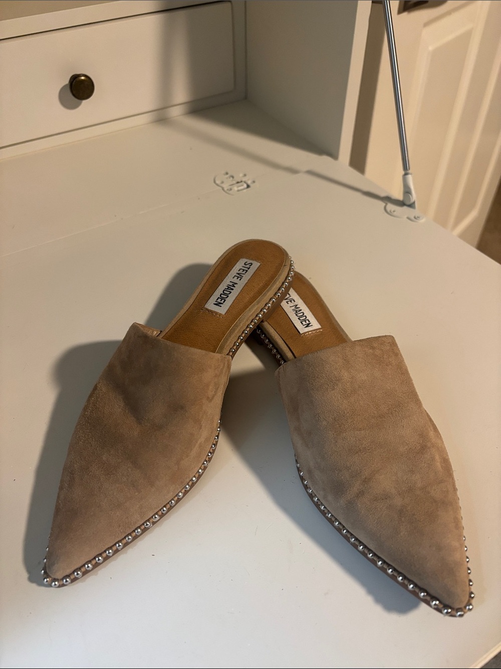 Steve Madden Taupe Suede Pointed Mules with Stud Trim Sz 6.5